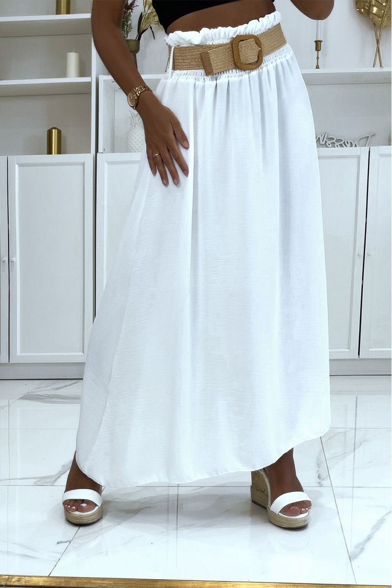 Long white skirt with elastic straw-effect belt at the waist in vitamin color - 2