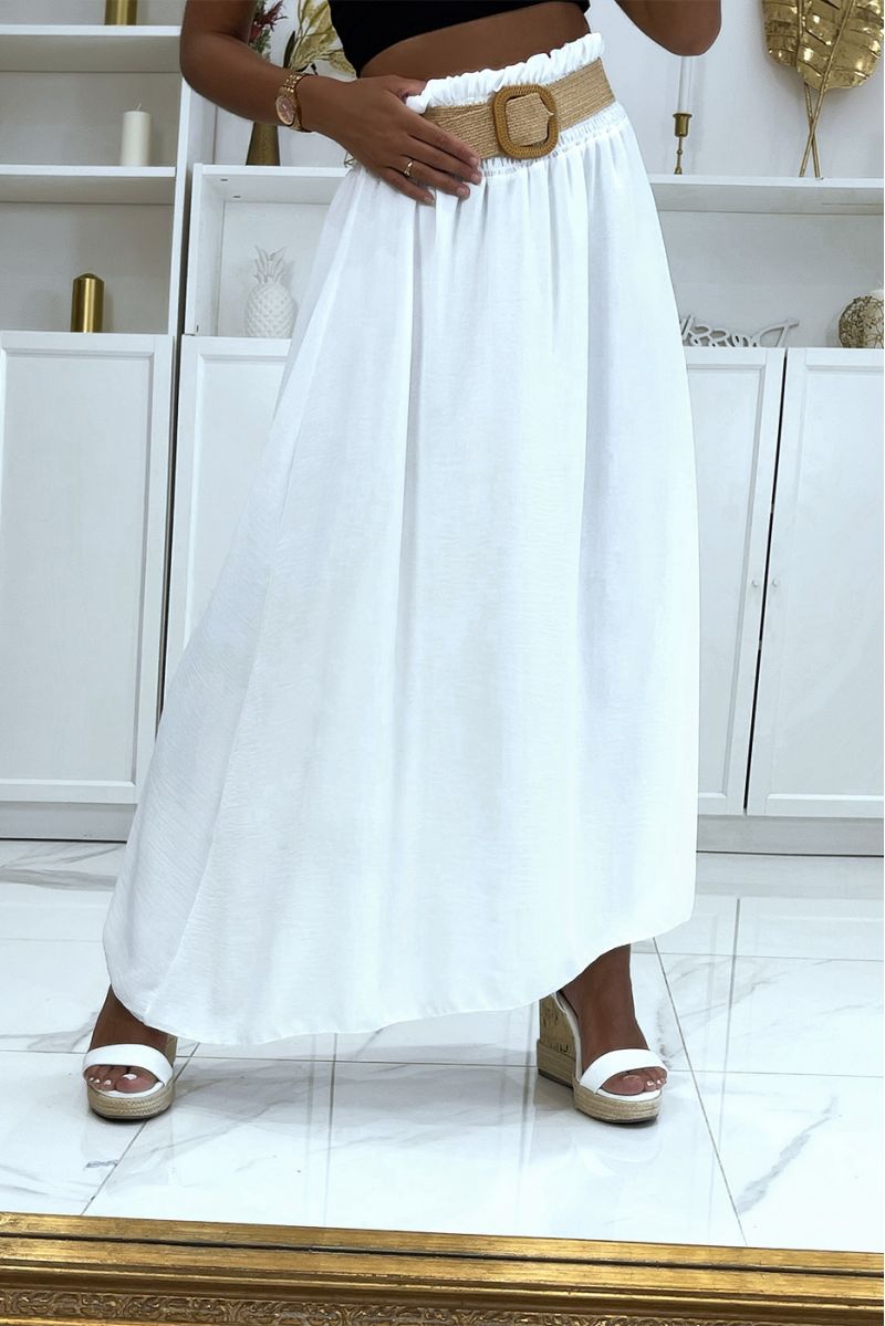 Long white skirt with elastic straw-effect belt at the waist in vitamin color - 3