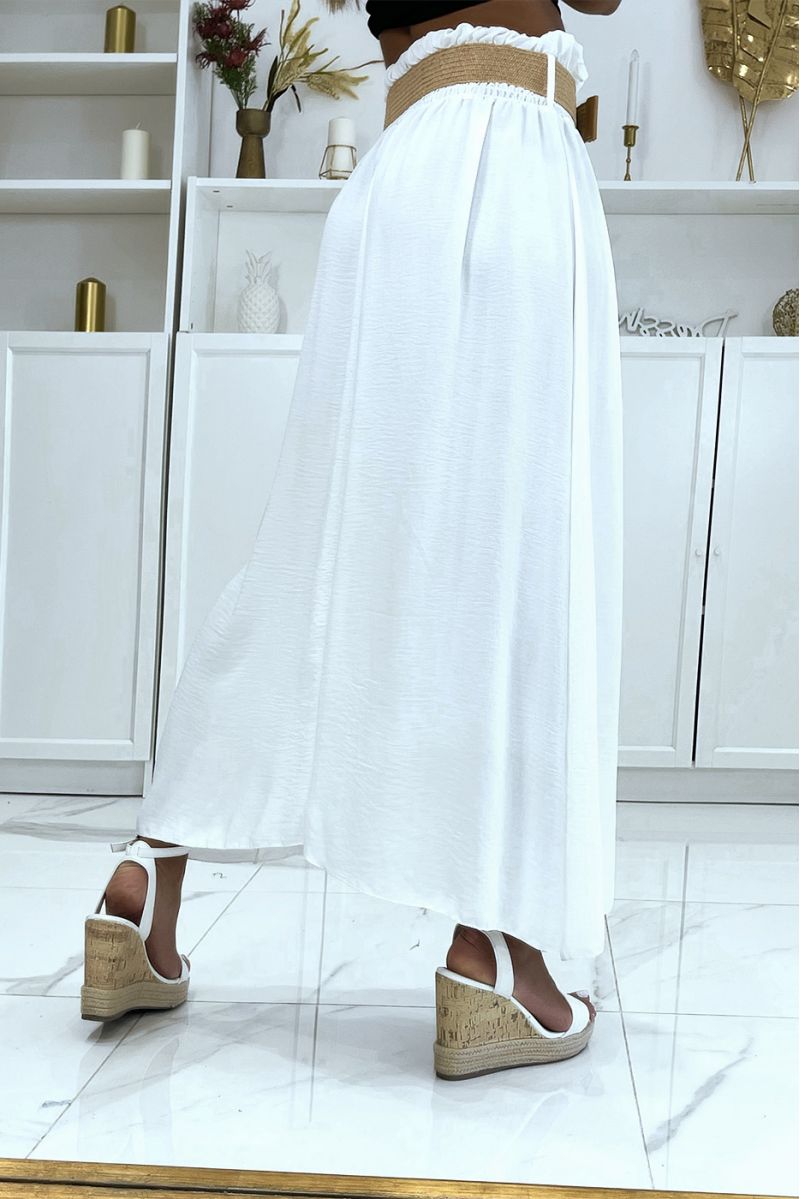 Long white skirt with elastic straw-effect belt at the waist in vitamin color - 4