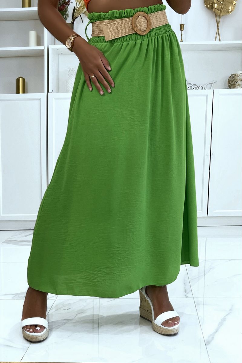 Lange neongroene rok met elastische riem met stroeffect in de taille in vitaminekleur - 1