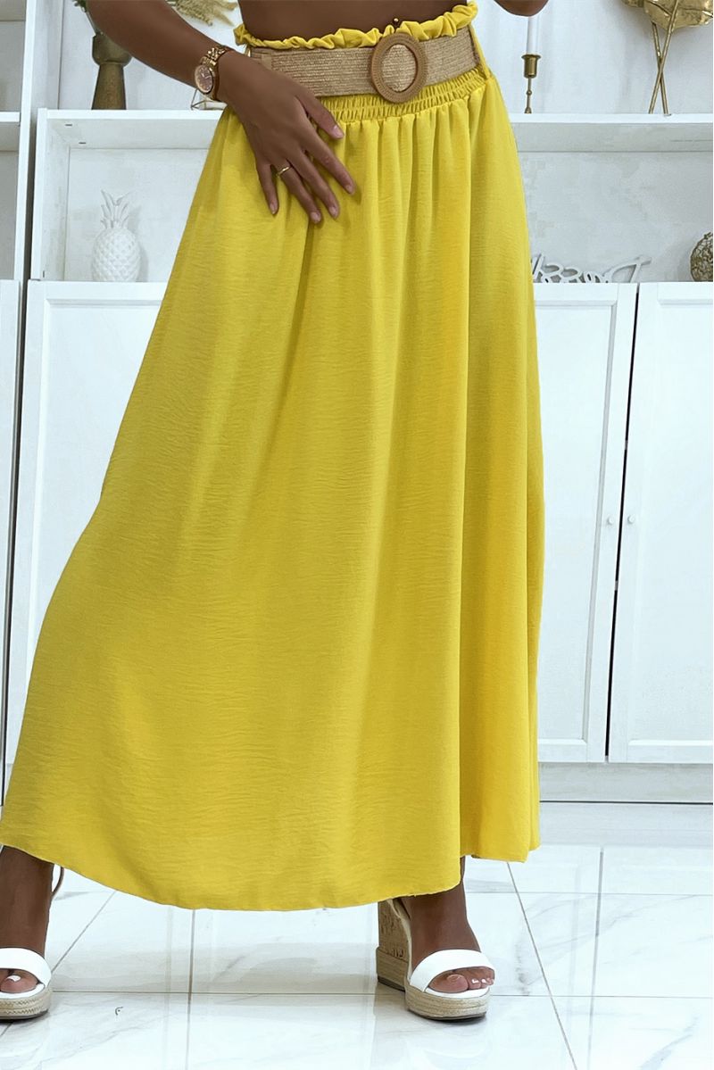 Long yellow skirt with elastic straw-effect belt at the waist in vitamin color - 1