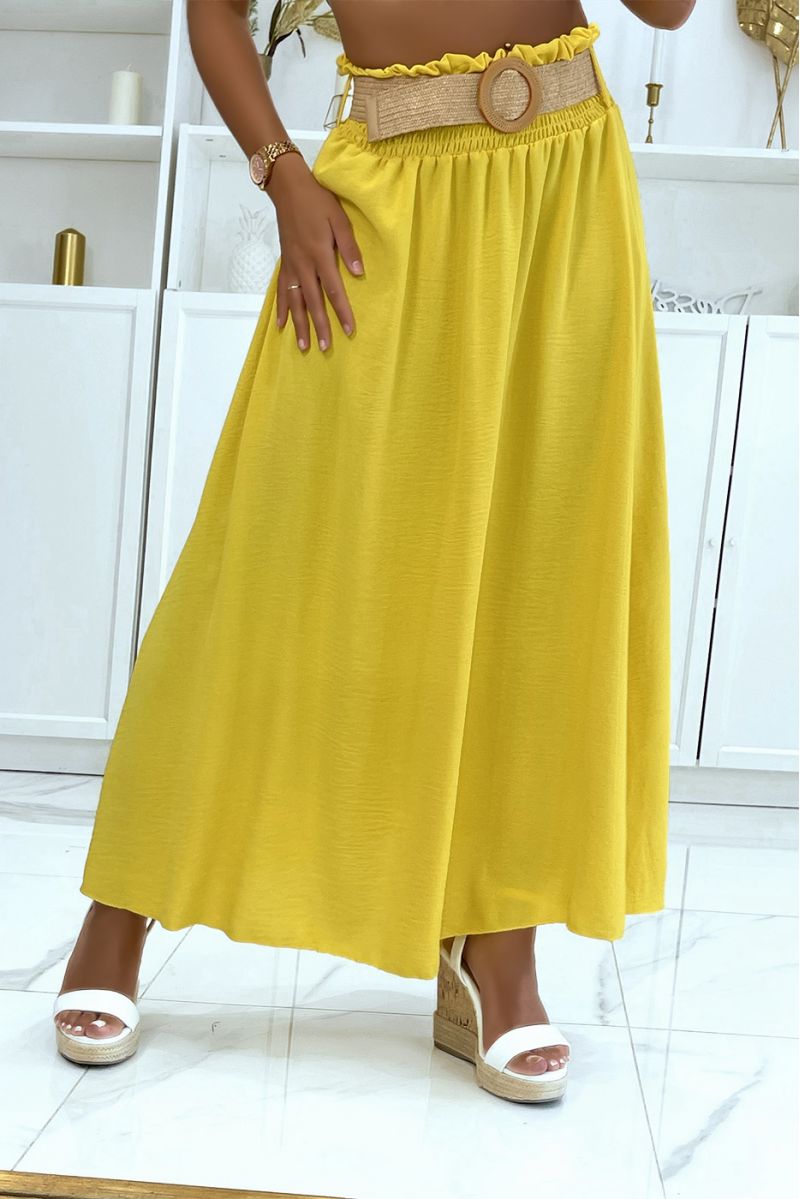 Long yellow skirt with elastic straw-effect belt at the waist in vitamin color - 2