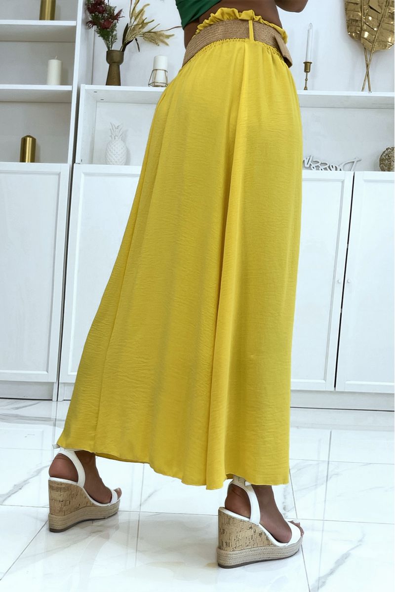 Long yellow skirt with elastic straw-effect belt at the waist in vitamin color - 3