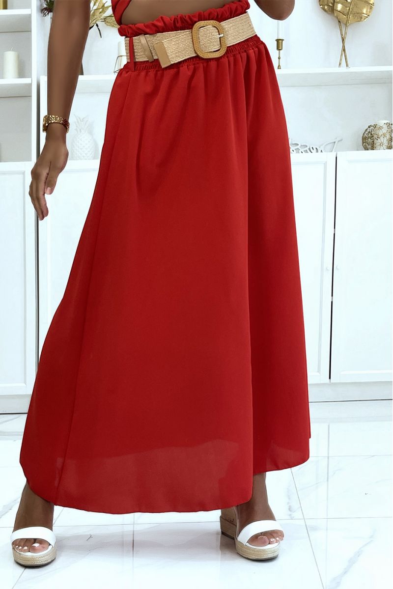 Lange rode rok met elastische riem met stroeffect in de taille in vitaminekleur - 1