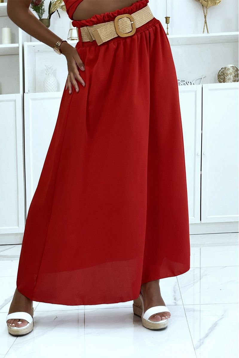 Lange rode rok met elastische riem met stroeffect in de taille in vitaminekleur - 2