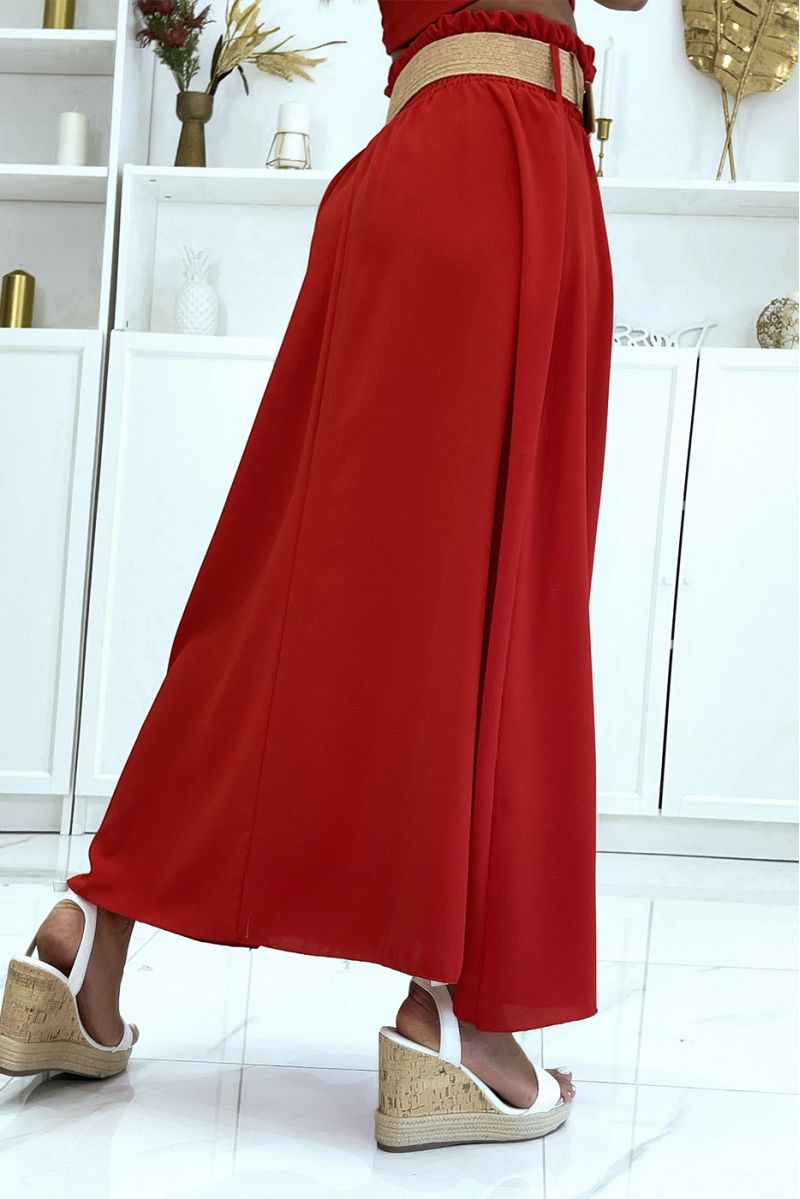 Long red skirt with elastic straw-effect belt at the waist in vitamin color - 3