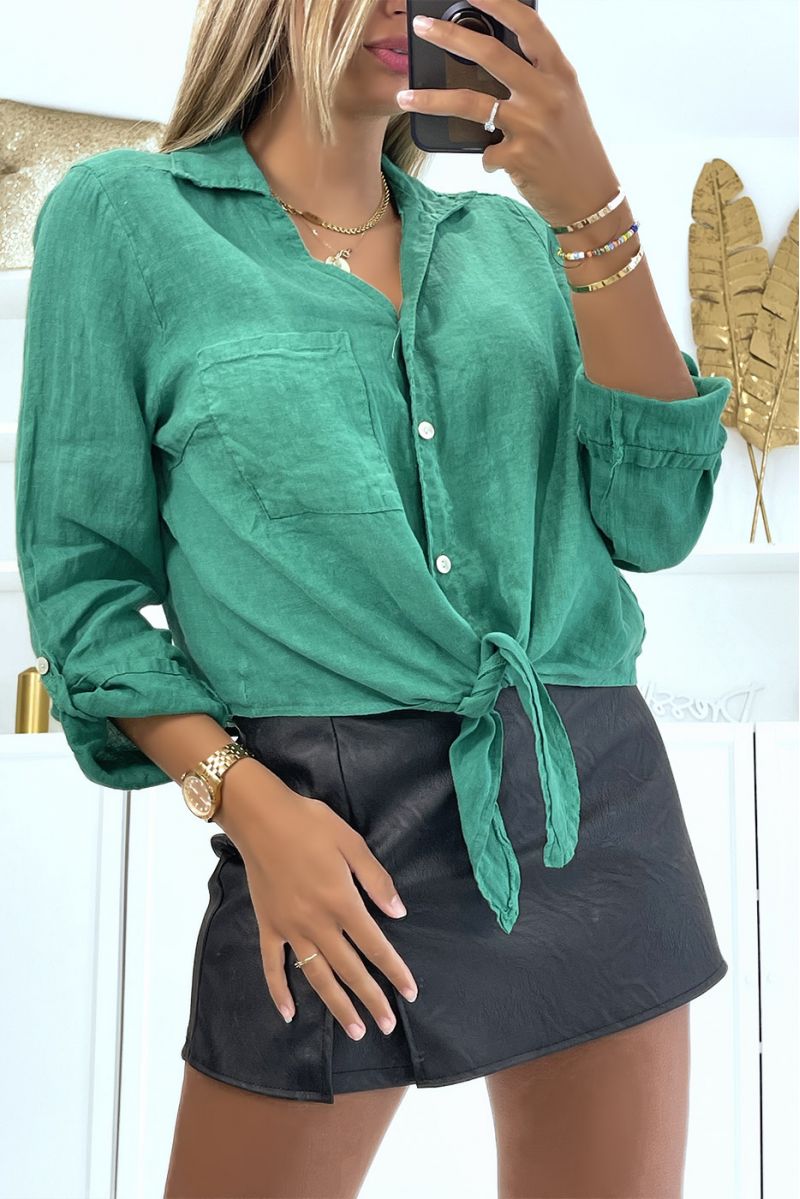 Chemise en laine verte ample et confortable avec joli noeud et une poche - 2
