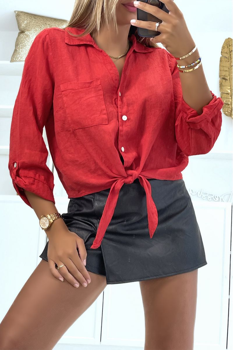 Chemise en laine rouge ample et confortable avec joli noeud et une poche - 2