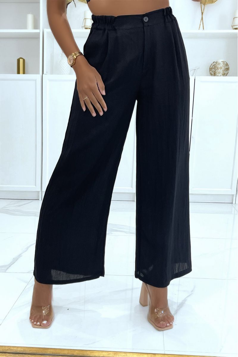 Pantalon palazzo noir fluide cintré à la taille avec fermeture éclair et joli bouton - 2