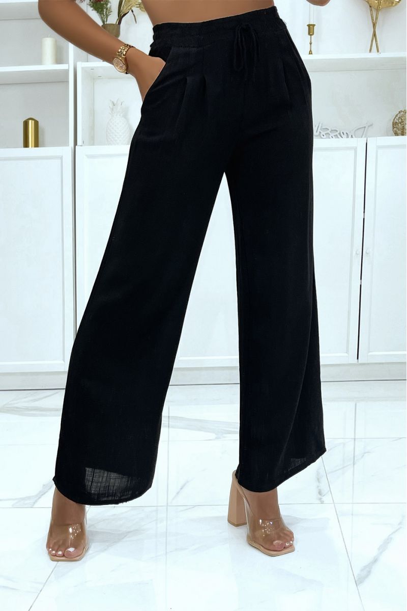 Zwarte bell bottom broek elastisch in de verstelbare taille met veters - 1