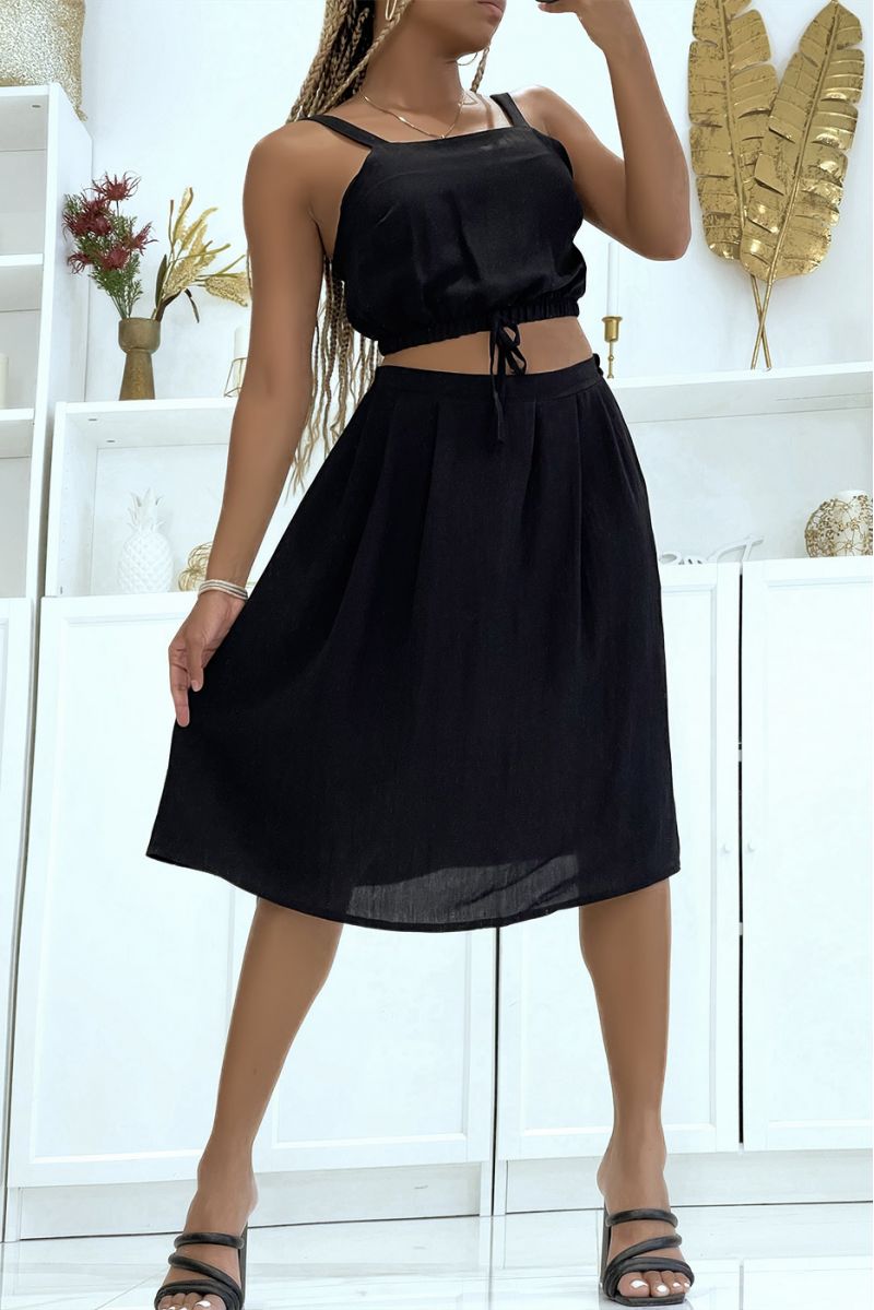 Black crop top set with elastic waistband, light and comfortable, ideal for mid-season. - 1