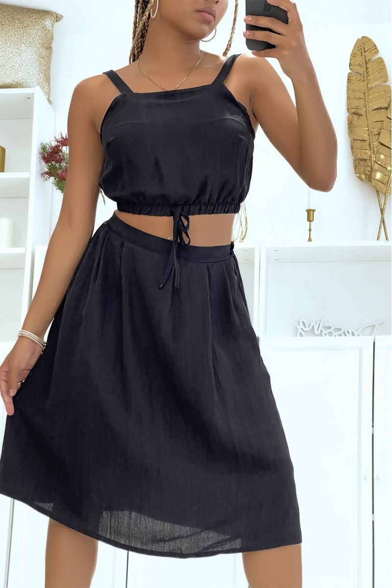 Black crop top set with elastic waistband, light and comfortable, ideal for mid-season. - 3