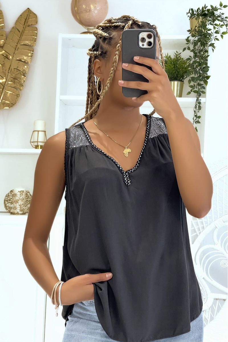 Black V-neck tank top with braided lace detail and pretty sequins on the shoulders - 1