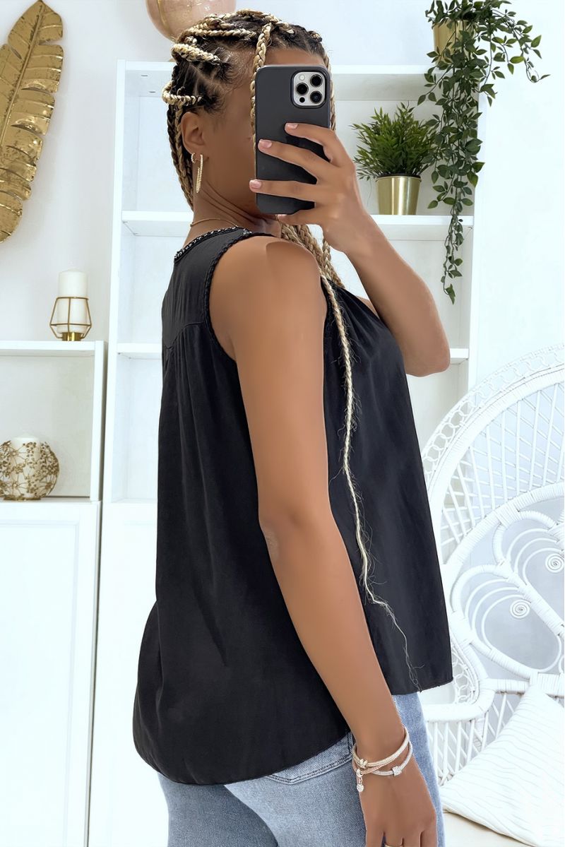 Black V-neck tank top with braided lace detail and pretty sequins on the shoulders - 2