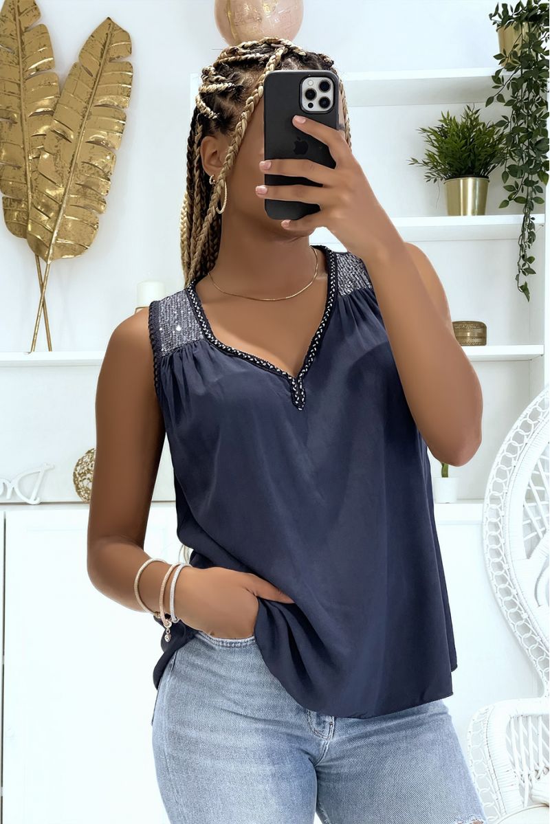 Navy V-neck tank top with braided lace detail and pretty sequins on the shoulders - 1