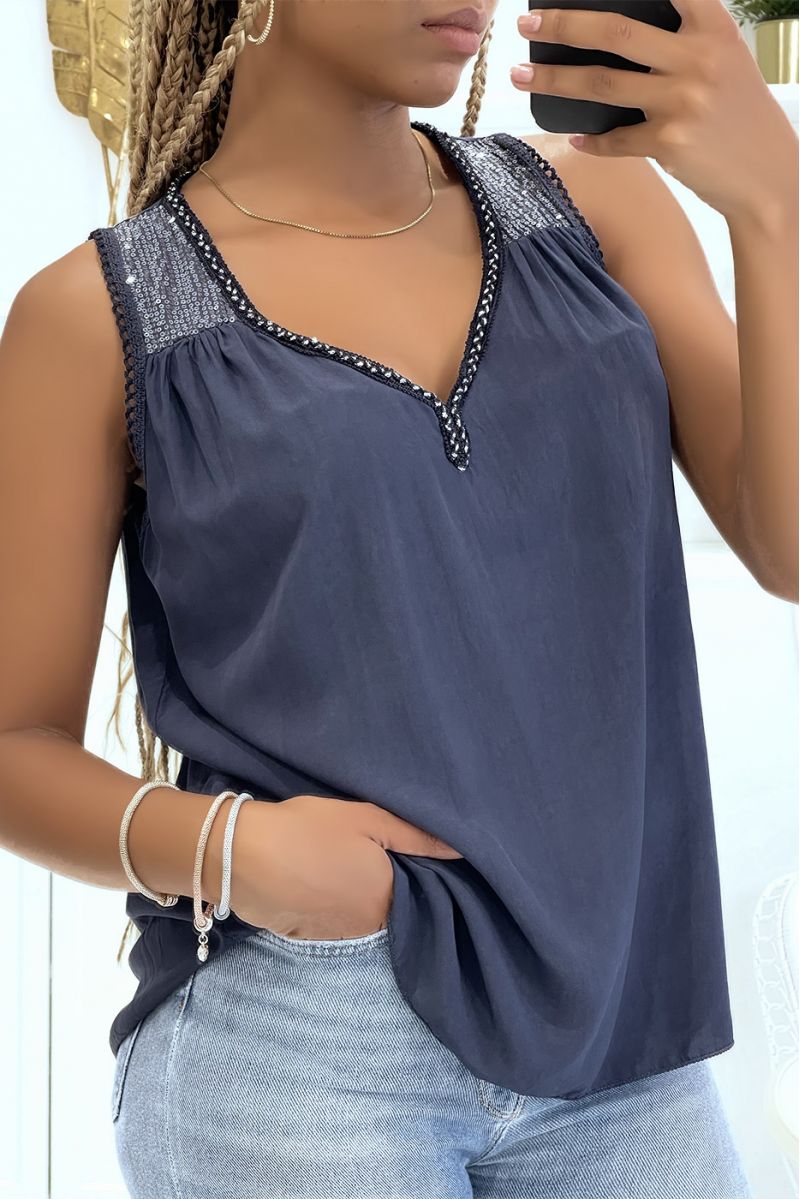 Navy V-neck tank top with braided lace detail and pretty sequins on the shoulders - 2