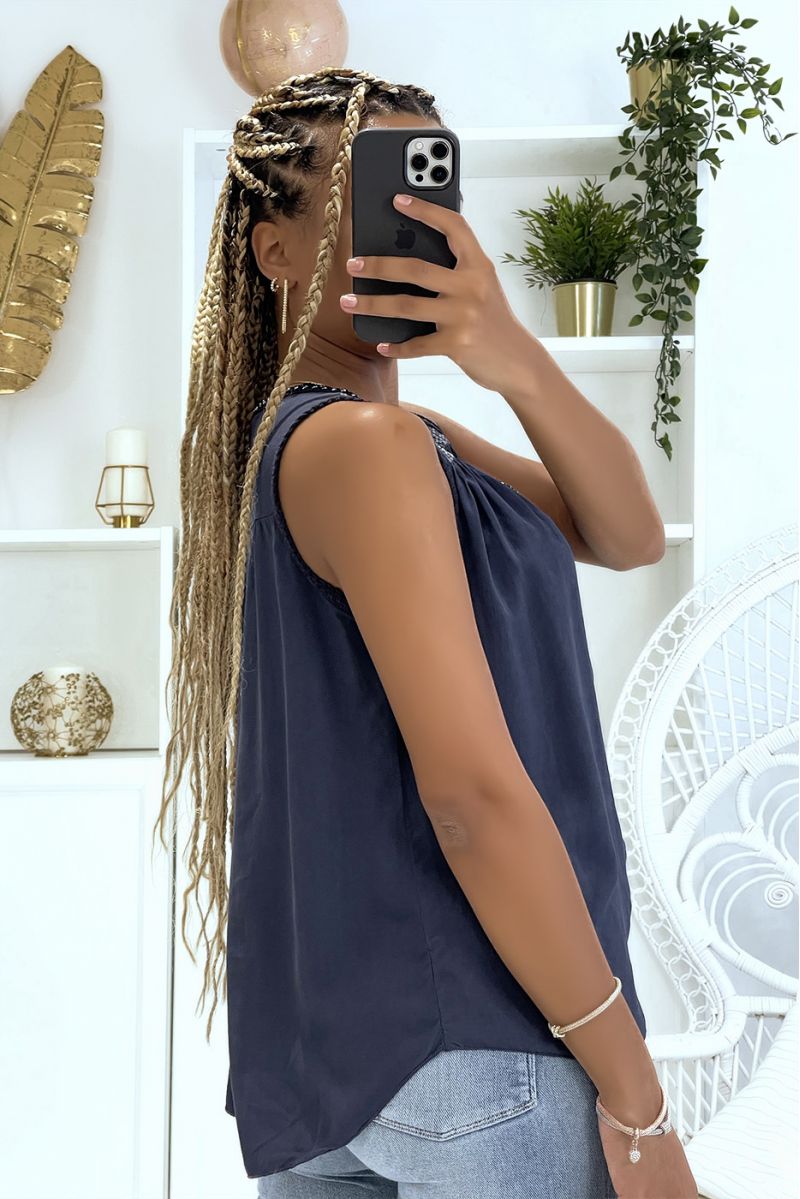 Navy V-neck tank top with braided lace detail and pretty sequins on the shoulders - 3