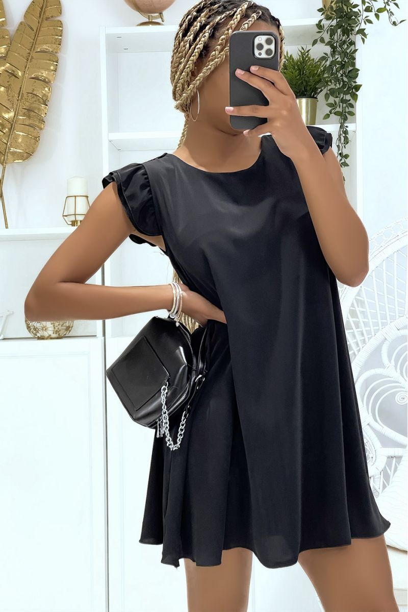 Classic black dress with short sleeves with ruffles and a round neck - 6