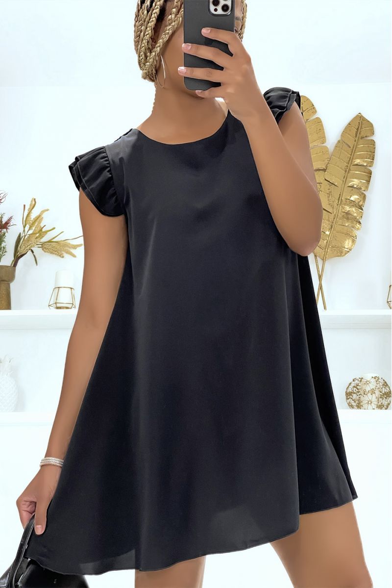 Classic black dress with short sleeves with ruffles and a round neck - 8