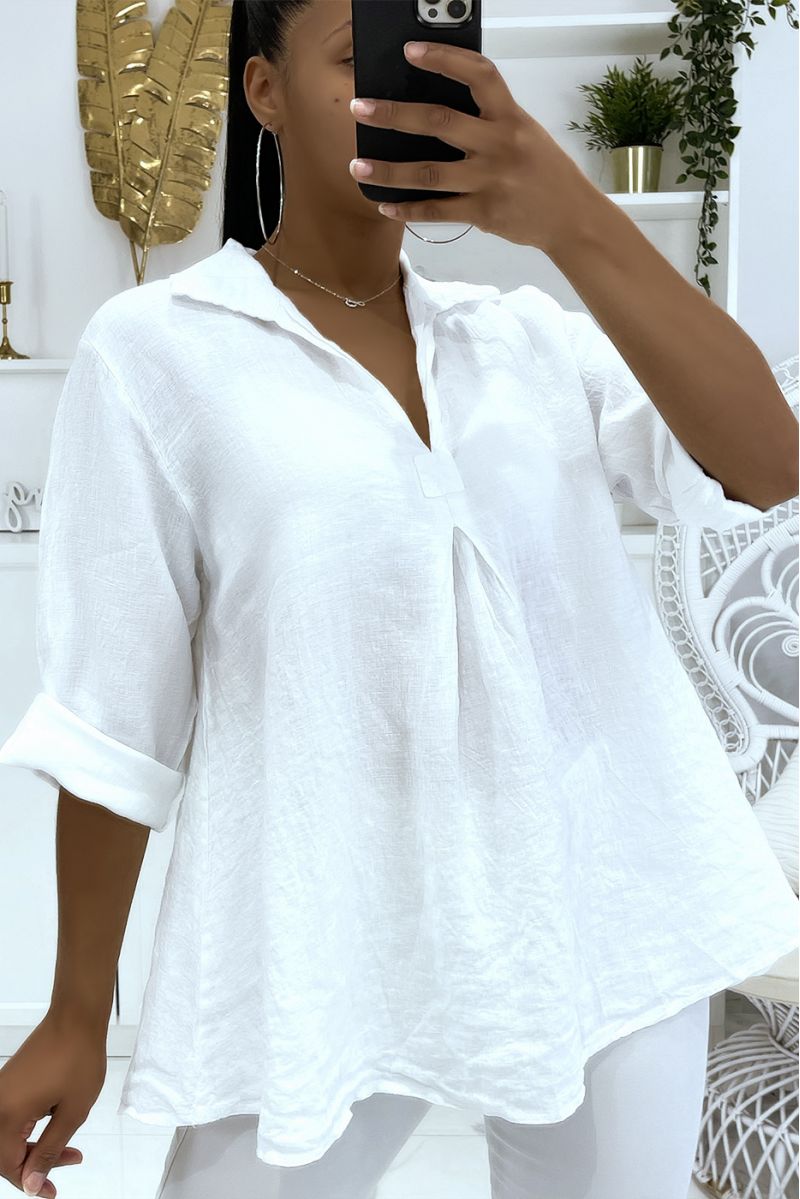 Long white oversized blouse with lapel collar and buttoned sleeves - 1