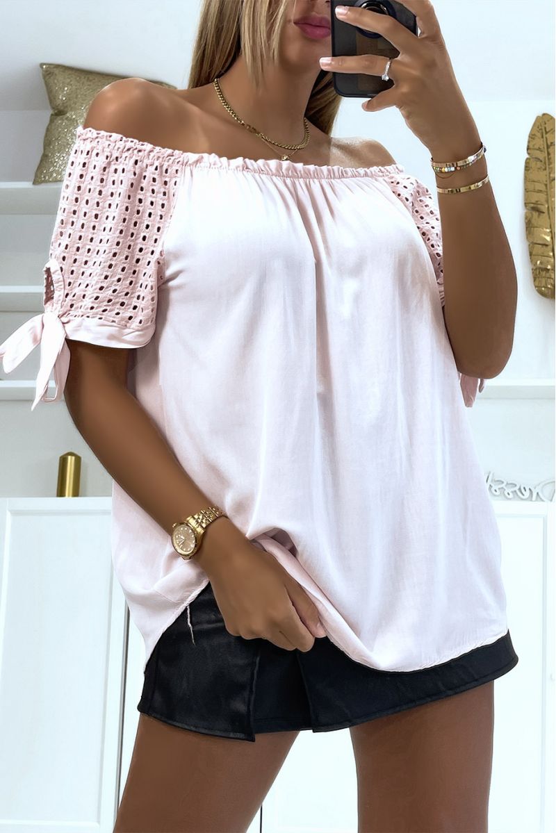 Elastic pink bardot neck top and loose lace short sleeves adapts to all body types - 1