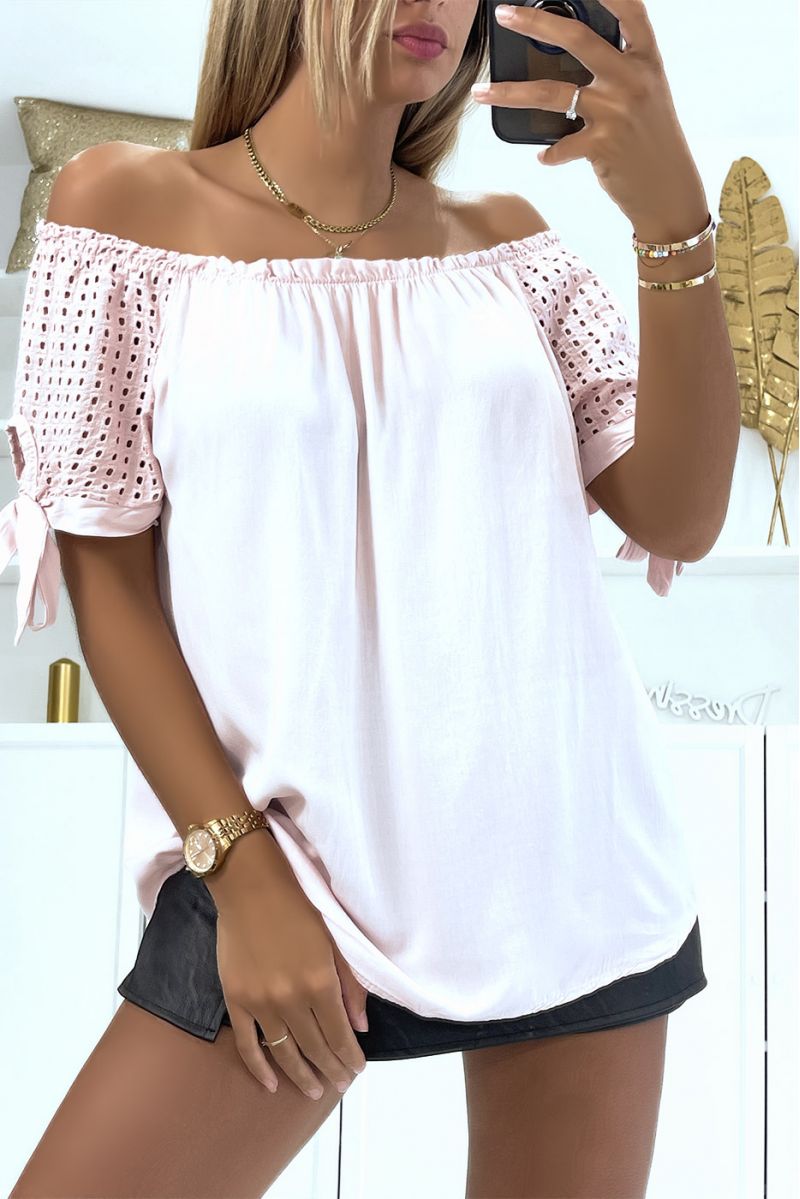 Elastic pink bardot neck top and loose lace short sleeves adapts to all body types - 2