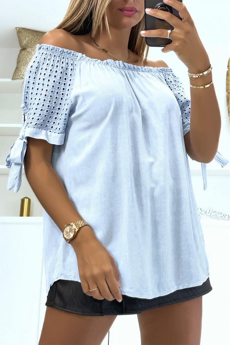 Elastic turquoise bardot neck top and loose lace short sleeves adapts to all body types - 1