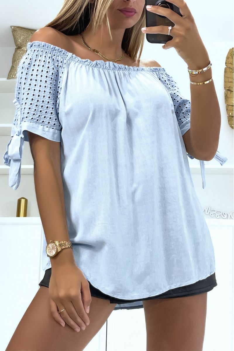 Elastic turquoise bardot neck top and loose lace short sleeves adapts to all body types - 2