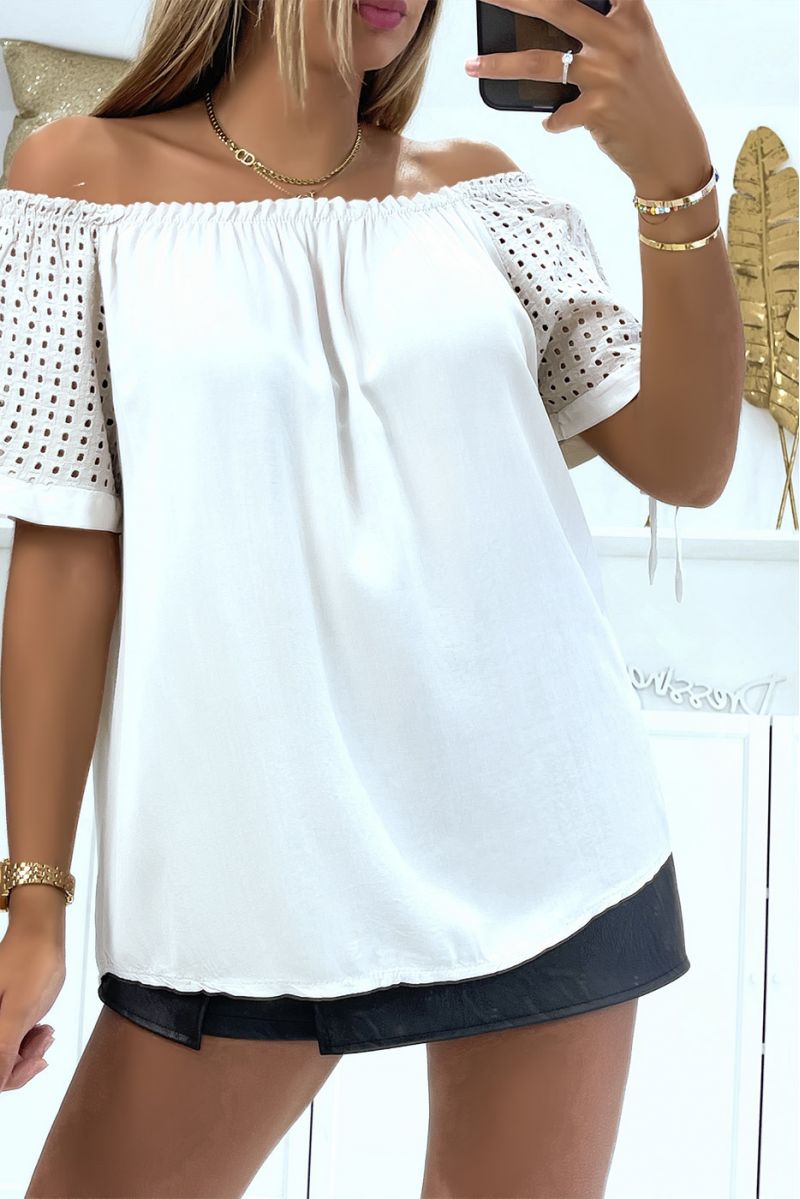 Elastic beige bardot neck top and loose lace short sleeves adapts to all body types - 2