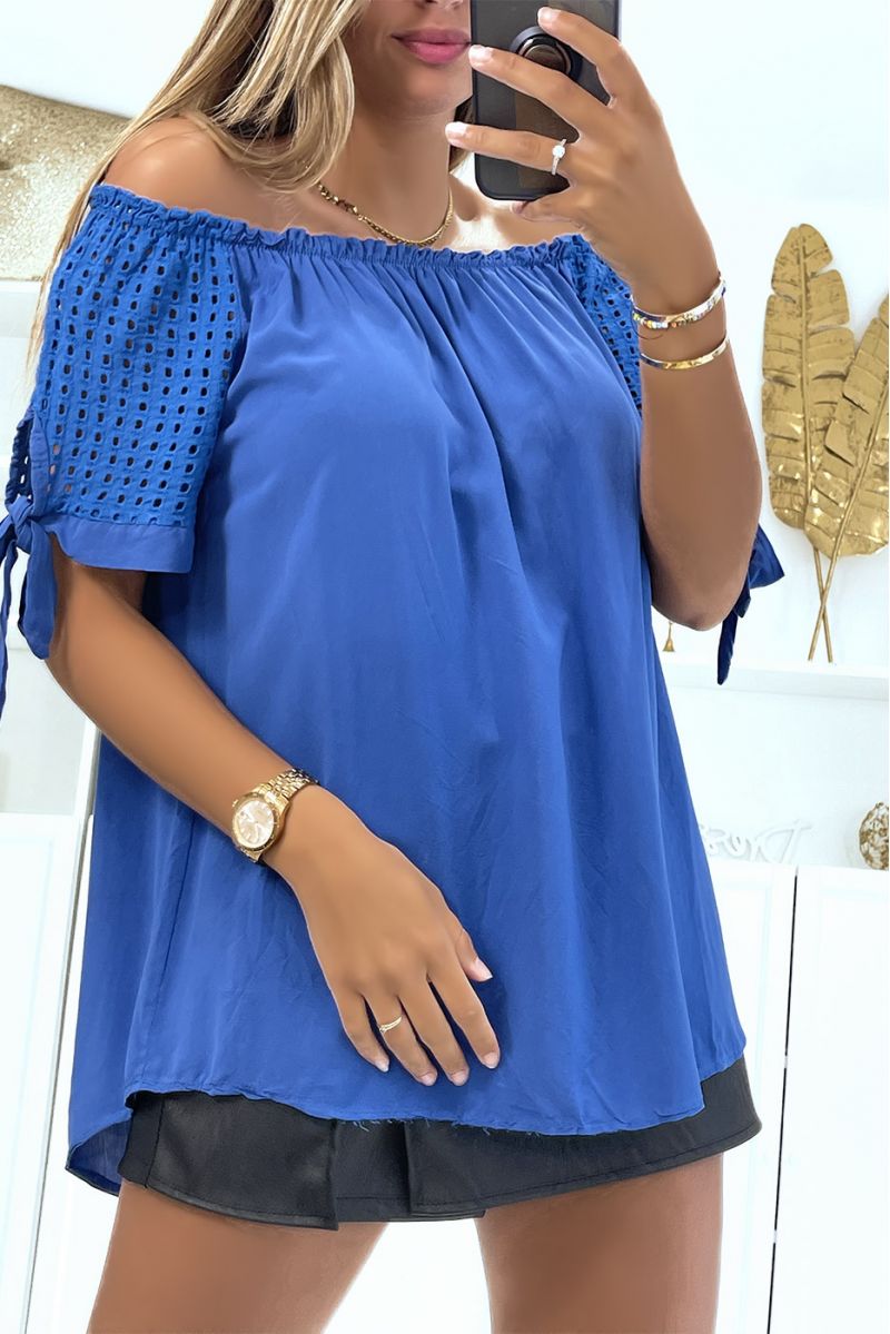 Elastic royal bardot neck top and loose lace short sleeves adapts to all body types - 1