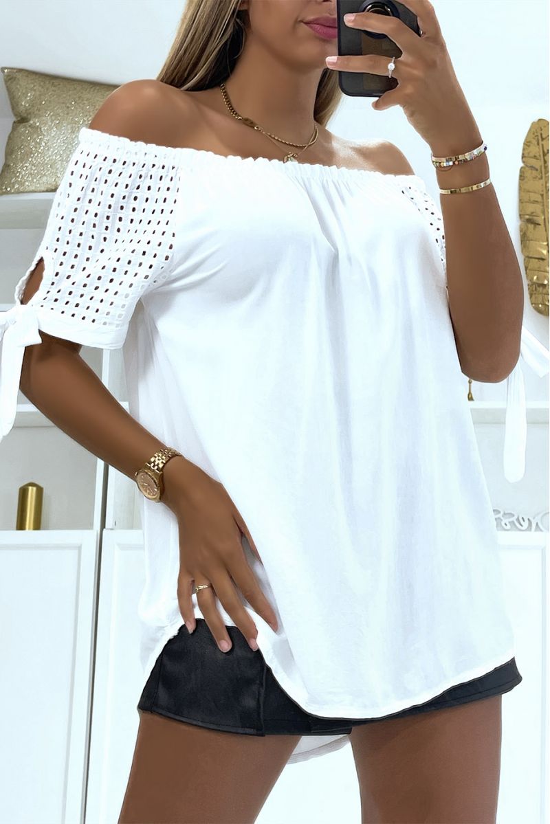 Elastic white bardot neck top and loose lace short sleeves adapts to all body types - 2