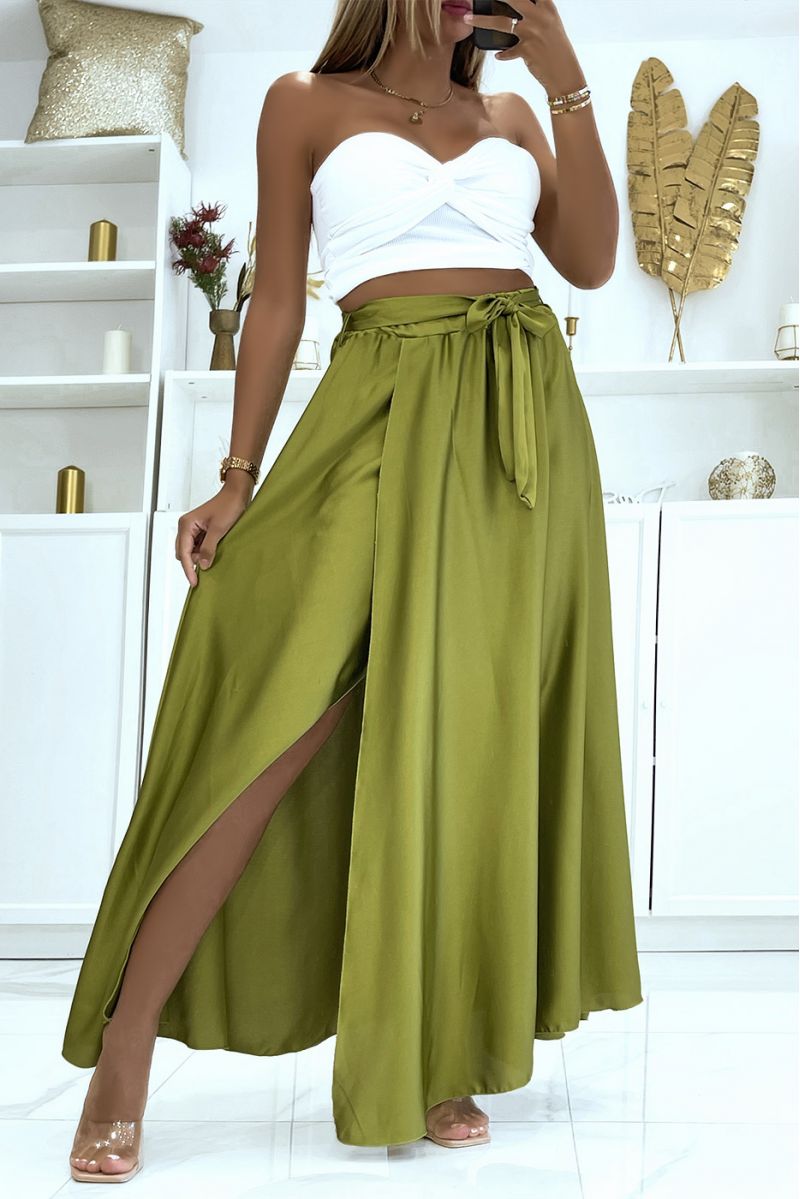 LoLL satin skirt with slit in lime green - 1