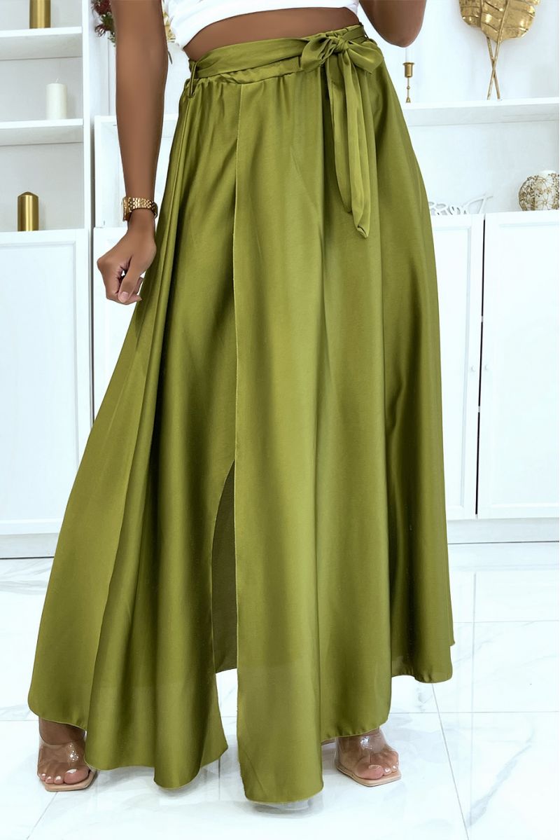 LoLL satin skirt with slit in lime green - 2
