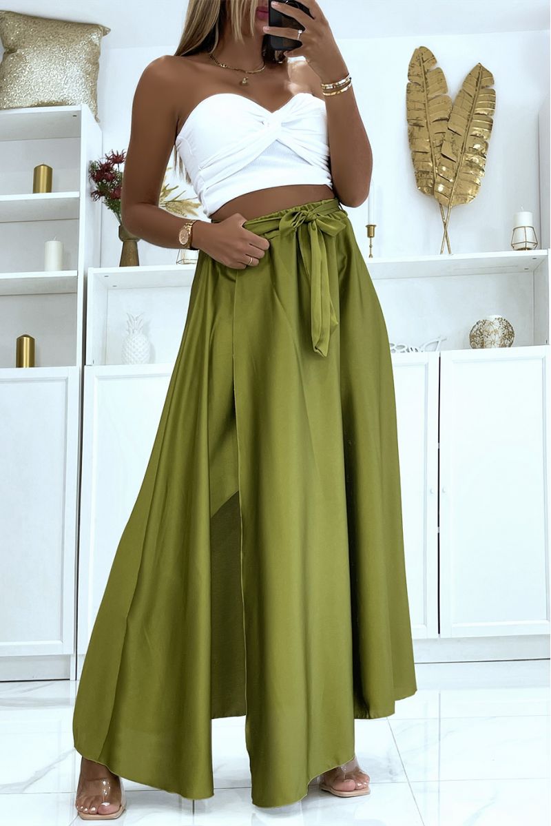 LoLL satin skirt with slit in lime green - 3