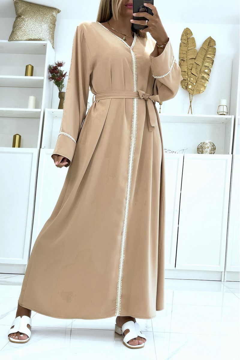 Straight cut taupe abaya with long drooping sleeves and pretty lace in the center - 1
