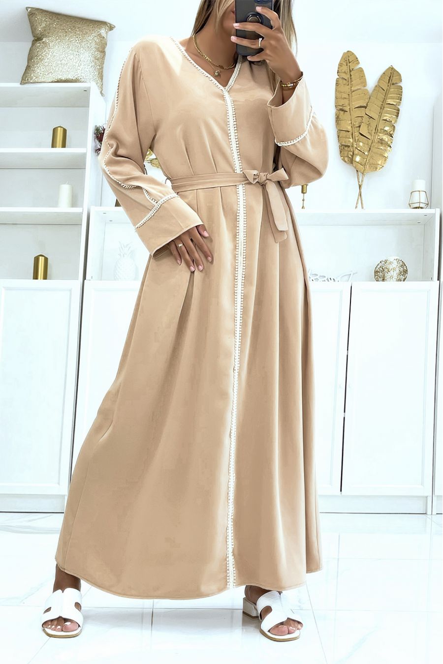 Straight cut taupe abaya with long drooping sleeves and pretty lace in the center - 2