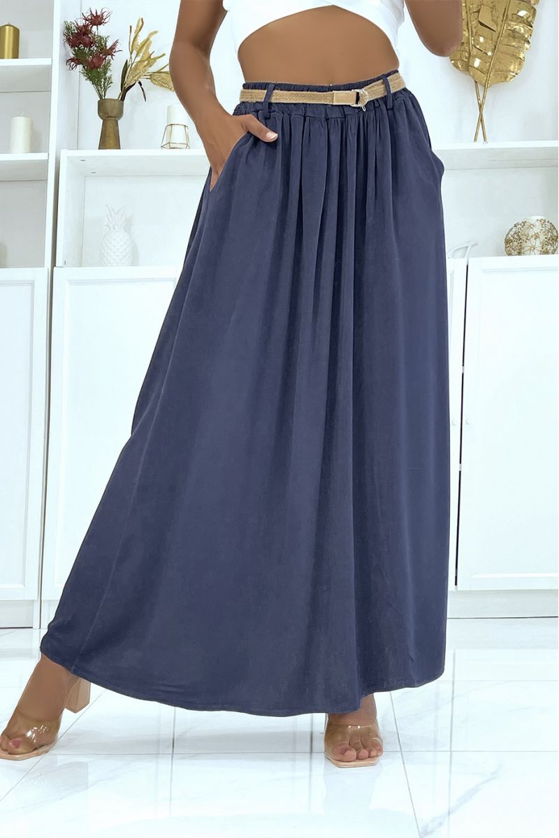 Longue jupe marine hyper fluide effet lyn élastique à la taille à ceinture en paille fine - 2