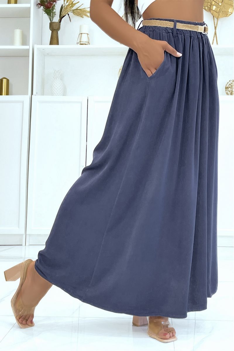 Long super fluid navy skirt with lyn effect, elastic at the waist and fine straw belt - 3