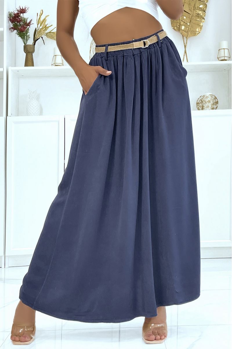 Longue jupe marine hyper fluide effet lyn élastique à la taille à ceinture en paille fine - 4