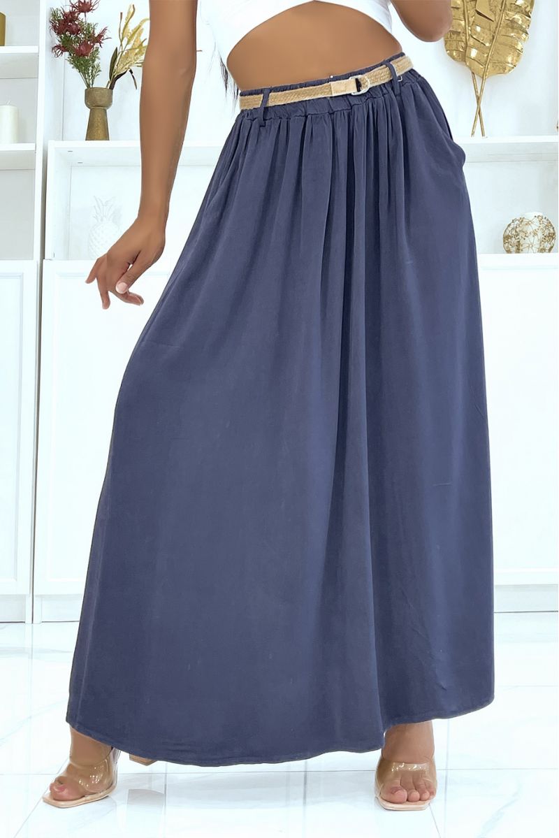 Longue jupe marine hyper fluide effet lyn élastique à la taille à ceinture en paille fine - 5