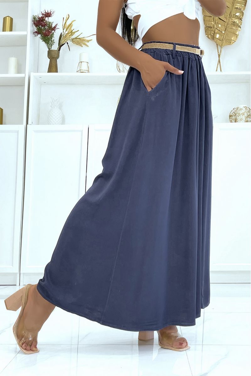 Long super fluid navy skirt with lyn effect, elastic at the waist and fine straw belt - 6