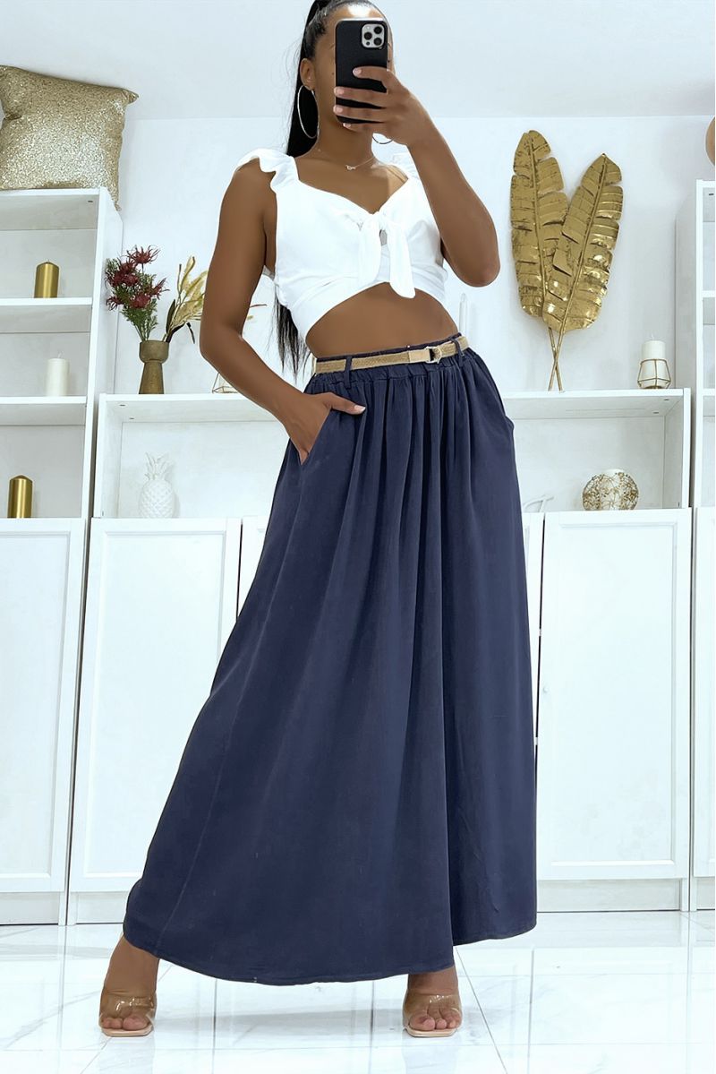 Long super fluid navy skirt with lyn effect, elastic at the waist and fine straw belt - 8