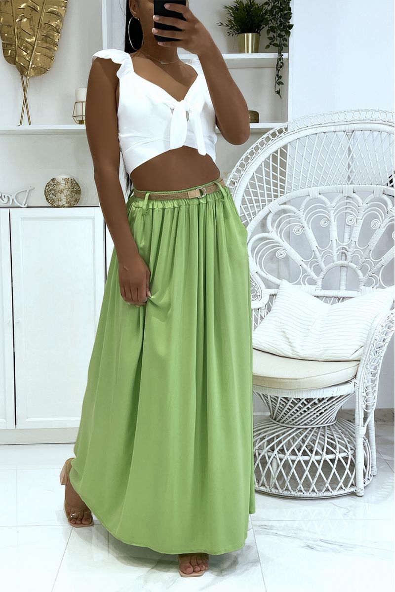 Long super fluid pistachio green lyn-effect skirt with elastic waistband and fine straw belt - 3
