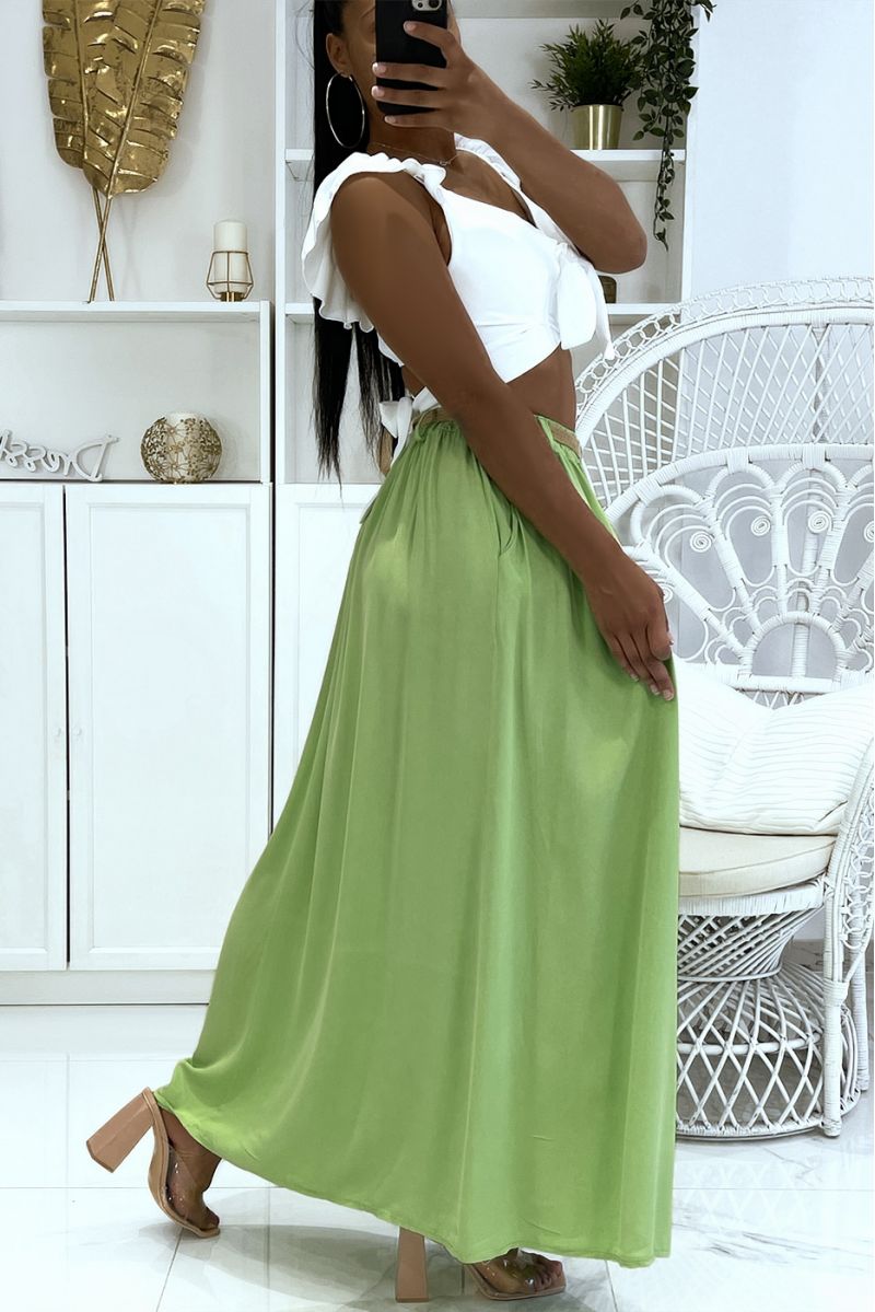 Longue jupe vert pistache hyper fluide effet lyn élastique à la taille à ceinture en paille fine - 4