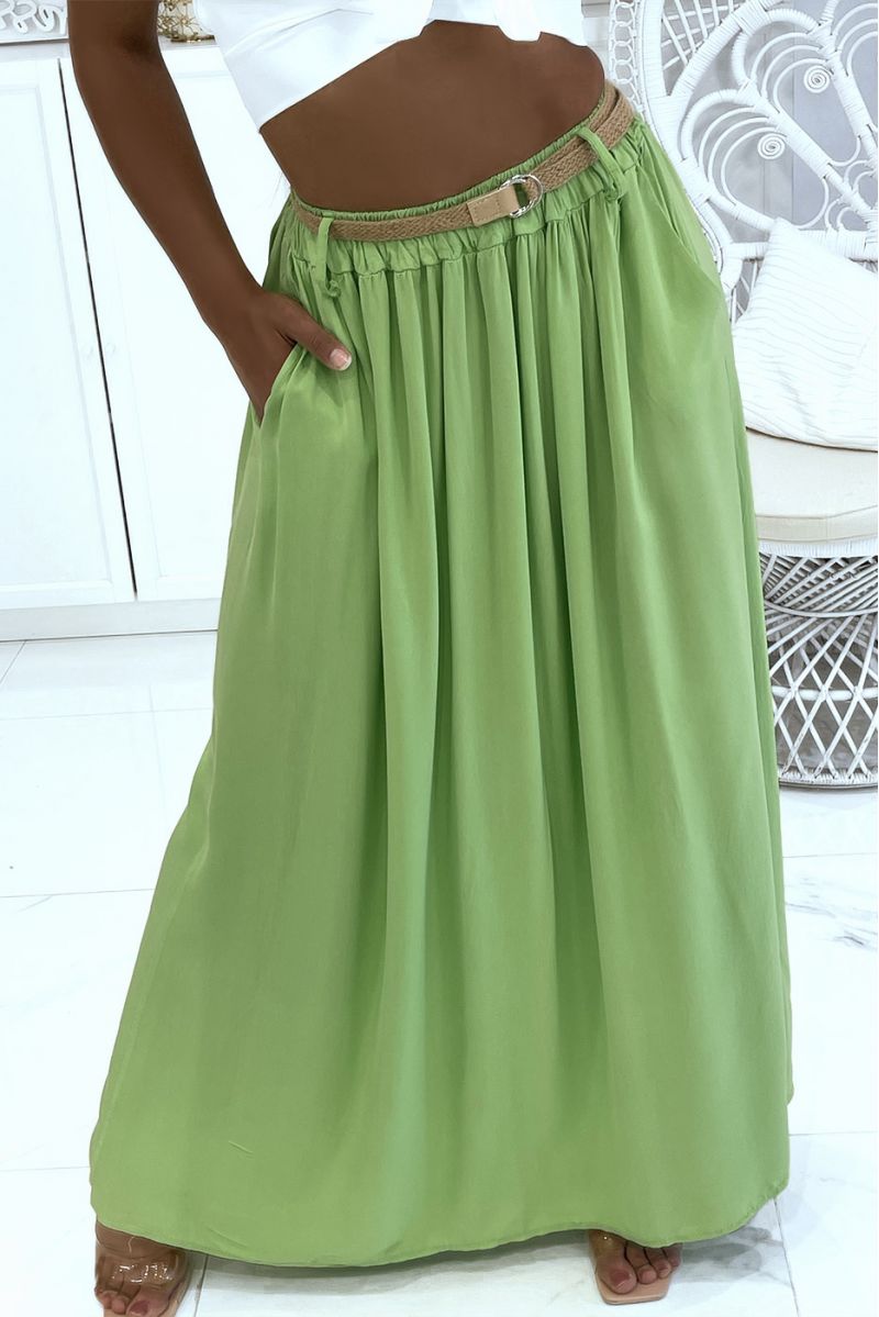 Longue jupe vert pistache hyper fluide effet lyn élastique à la taille à ceinture en paille fine - 6
