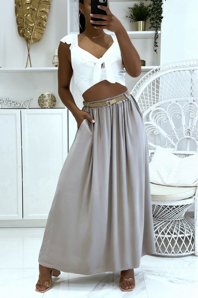 Longue jupe taupe hyper fluide effet lyn élastique à la taille à ceinture en paille fine - 1