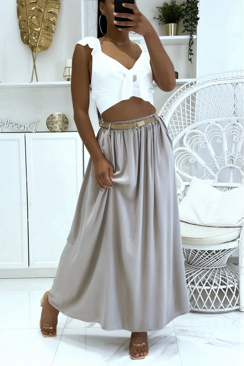 Long super fluid taupe lyn-effect skirt with elastic waistband and fine straw belt - 2