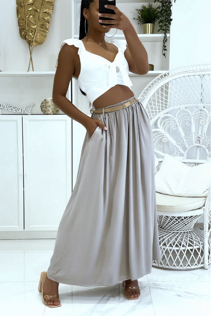 Long super fluid taupe lyn-effect skirt with elastic waistband and fine straw belt - 3
