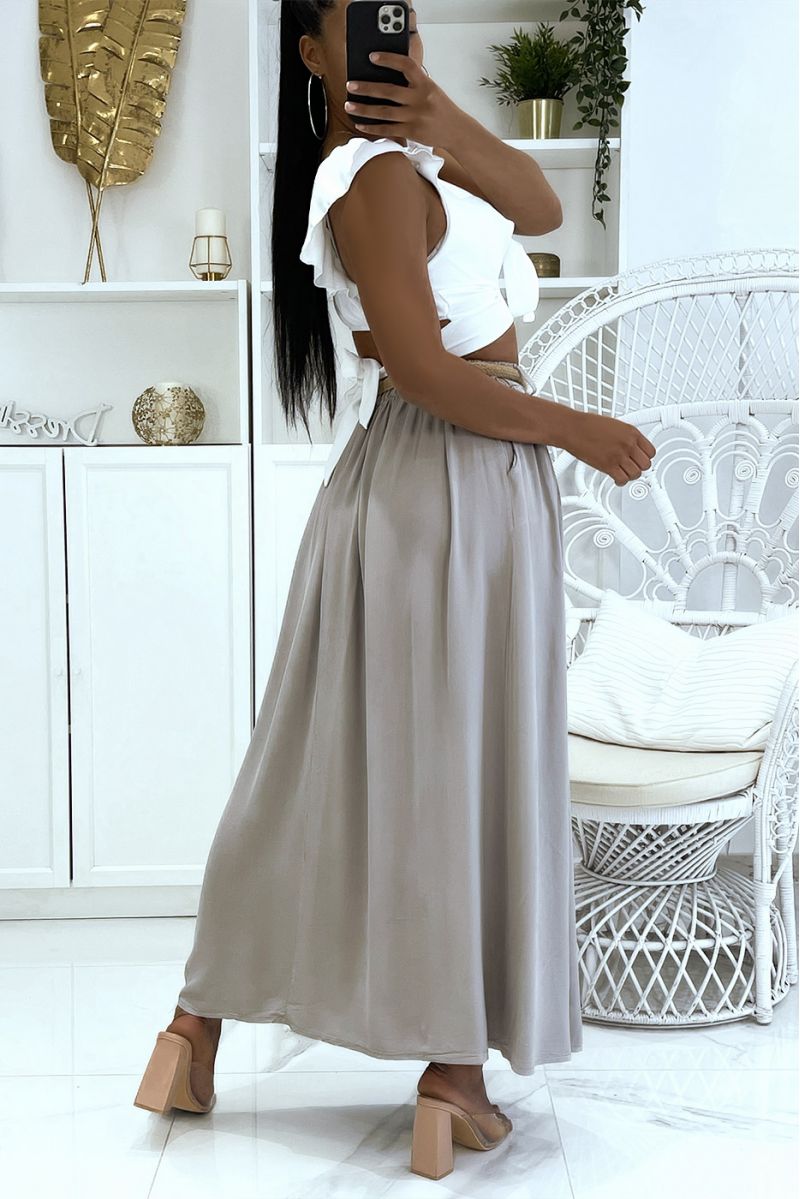 Longue jupe taupe hyper fluide effet lyn élastique à la taille à ceinture en paille fine - 4
