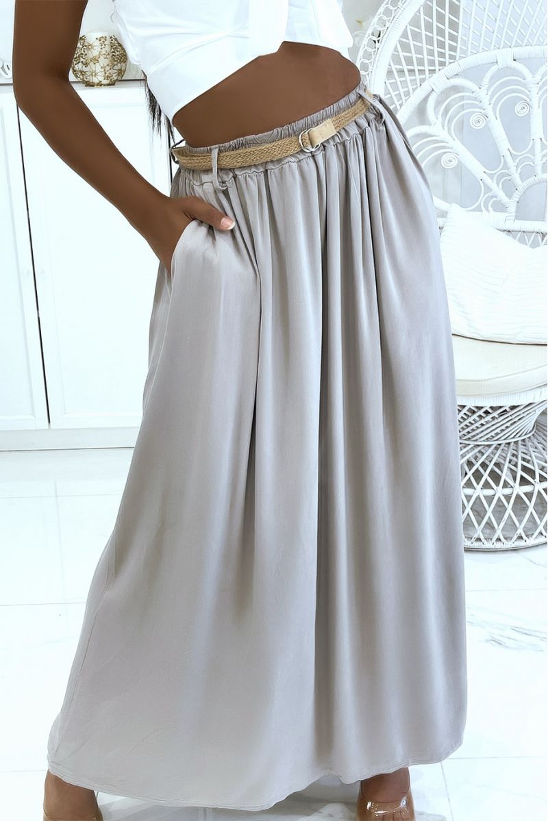 Longue jupe taupe hyper fluide effet lyn élastique à la taille à ceinture en paille fine - 5